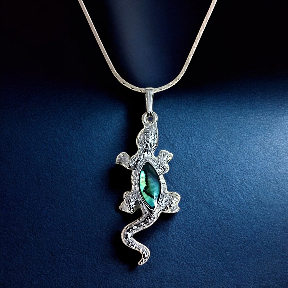 Vintage Lizard Gecko‎ Pendant Necklace Silver Tone Shell Glass Abalone Inlay - Picture 14 of 16